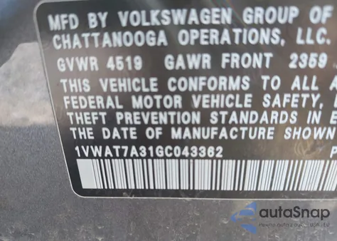 2016 Volkswagen Passat 1.8T S из США, поврежденный, VIN 1VWAT7A31GC043362